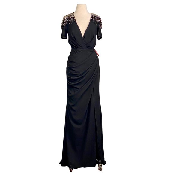 Mac Duggal Black Embellished Shoulder Short Sleeves V-Neck Wrap Dress Size 8 NEW - Picture 1 of 14